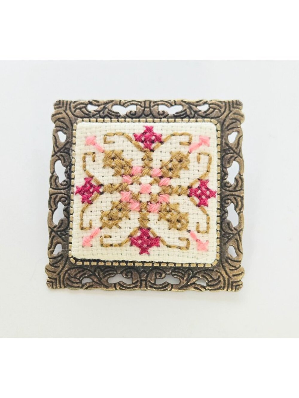 Vintage Brass &  Floral Needlepoint brooch, Pink Green Collar Pin 1.5"